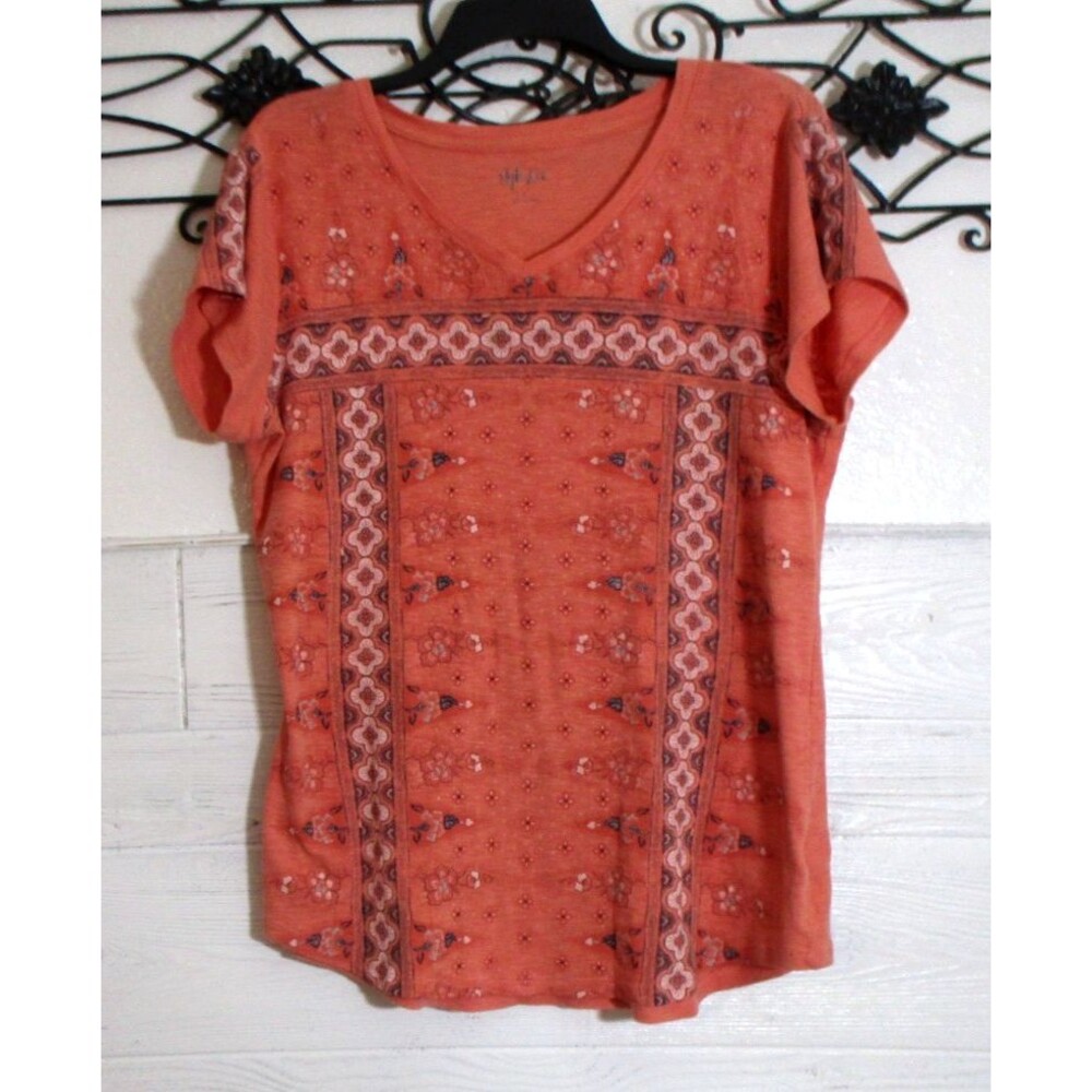 Style & Co Knit Boho Top Women's Size L Short Sleeve Multicolor Floral V Neck